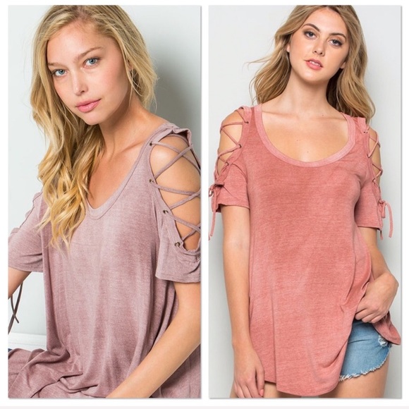 Lavender Moo Tops - Coral Rose Grommet Lace Up Top